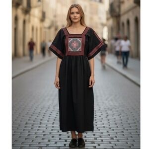 Vintage Meo Fashions by Kit Black Embroidered Boho Midi Dress Size M Square Neck